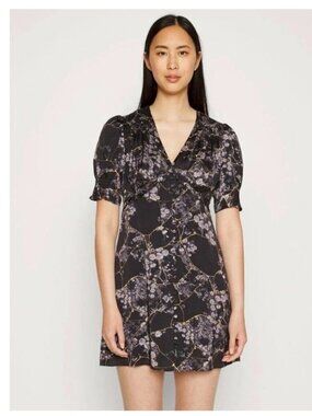 ALLSAINTS Demi Buruberu Mini Dress Size 12 Black Floral Button Front Puff Sleeve